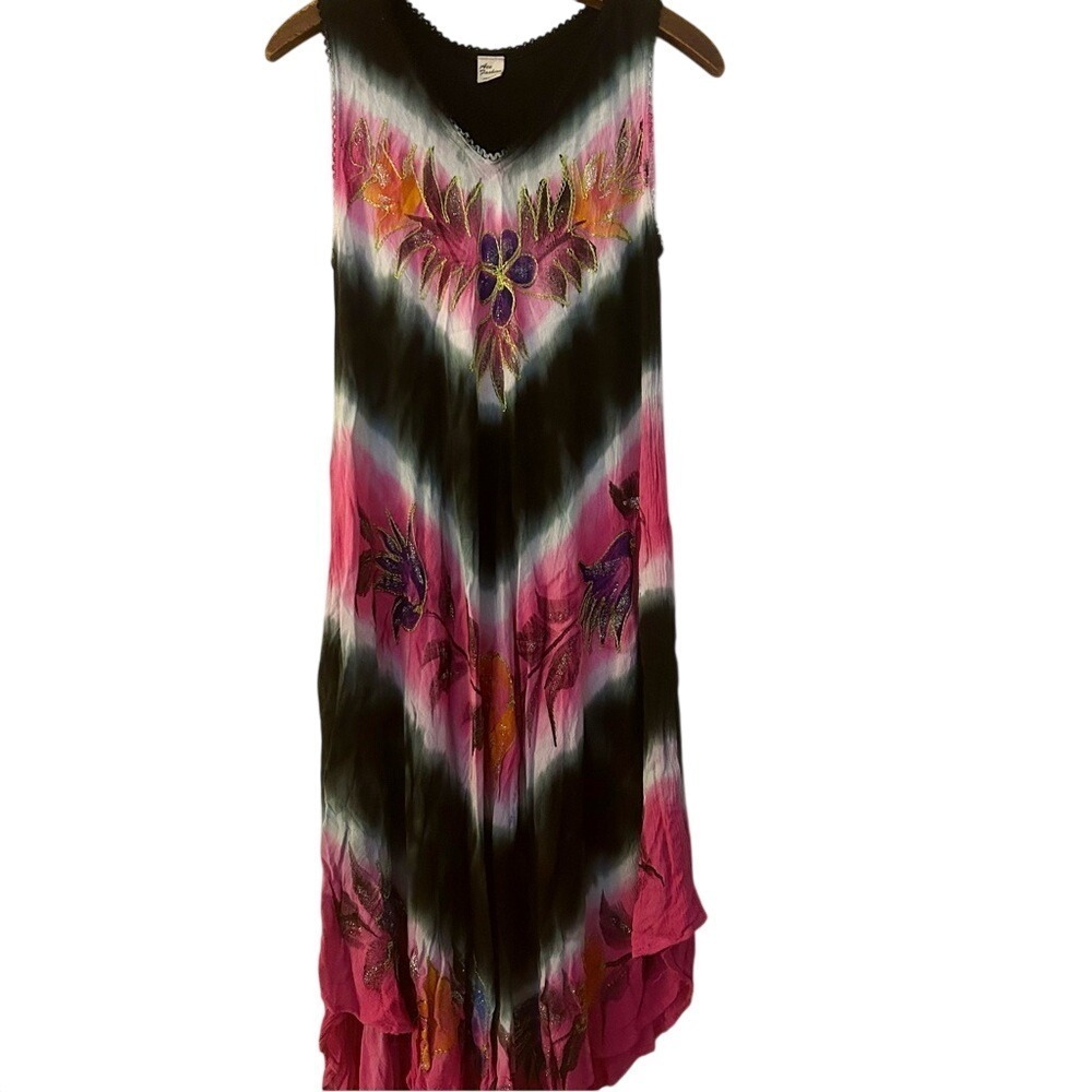 Ace Fashion Dress Womens One‎ Size Pink Multi Tie Dye Embellished Artsy Boho